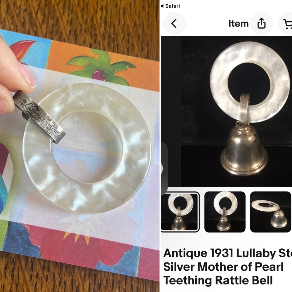 1931 STERLING silver Lullaby Stamped Mother of Pearl Circle Pendant for necklace